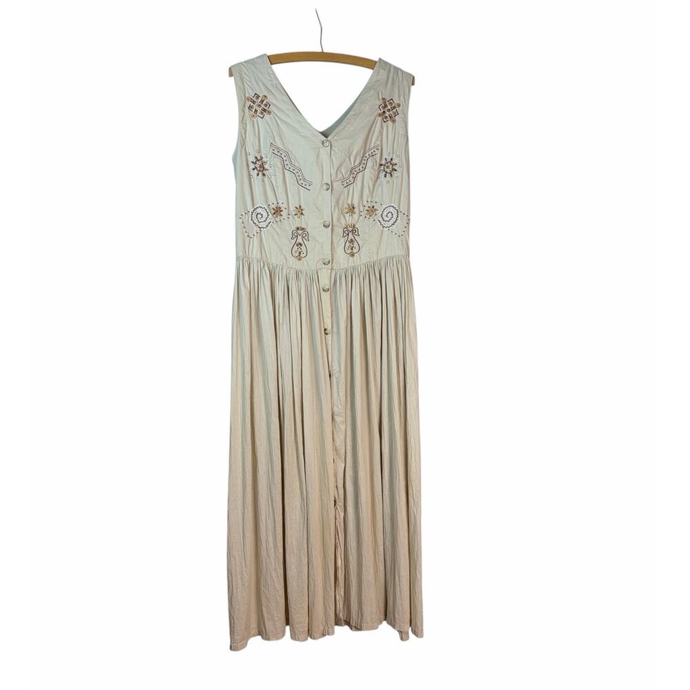 Tan Embroidered Beaded Boho Maxi Dress Womens Size 10 Cottagecore Prairie